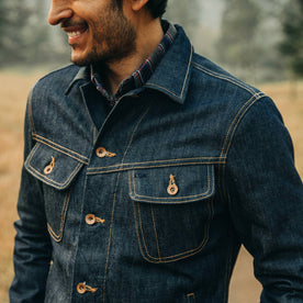 The Long Haul Jacket in Cone Mills Reserve Selvage, smiling, shot of chest detail, Outerwear by Taylor Stitch