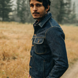 The Long Haul Jacket in Cone Mills Reserve Selvage, side shot looking at camera, Outerwear by Taylor Stitch