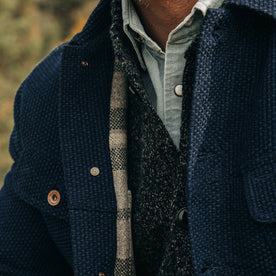 The Long Haul Jacket in Indigo Sashiko, chest material shot, Outerwear by Taylor Stitch