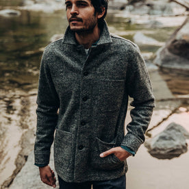 our fit model wearing The Ojai Jacket in Charcoal Wool—cropped shot forehead down, Outerwear by Taylor Stitch