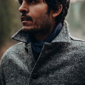 our fit model wearing The Ojai Jacket in Charcoal Wool—cropped shot of chest up, Outerwear by Taylor Stitch