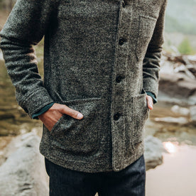 our fit model wearing The Ojai Jacket in Charcoal Wool—cropped shot shoulders down, Outerwear by Taylor Stitch