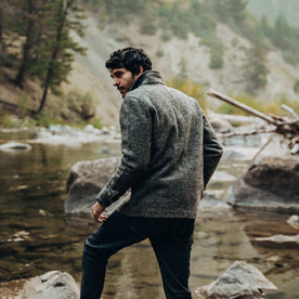 our fit model wearing The Ojai Jacket in Charcoal Wool—looking left, Outerwear by Taylor Stitch