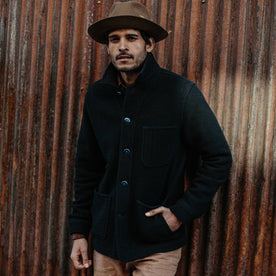 fit model wearing The Ojai Jacket in Navy Waffle Wool, hand in pocket, Outerwear by Taylor Stitch