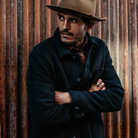 fit model wearing The Ojai Jacket in Navy Waffle Wool, arms crossed, Outerwear by Taylor Stitch