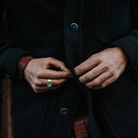 fit model wearing The Ojai Jacket in Navy Waffle Wool, buttoning jacket, Outerwear by Taylor Stitch