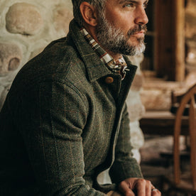 fit model wearing The Ojai Jacket in Olive Tweed Herringbone, looking right, Outerwear by Taylor Stitch