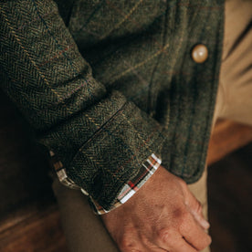 fit model wearing The Ojai Jacket in Olive Tweed Herringbone, wrist shot, Outerwear by Taylor Stitch