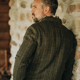 fit model wearing The Ojai Jacket in Olive Tweed Herringbone, back shot, Outerwear by Taylor Stitch