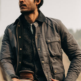 fit model wearing The Rover Jacket in Ripstop Slate Dry Wax, chest, Outerwear by Taylor Stitch