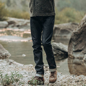 fit model wearing The Slim Jean in Cone Mills Reserve Selvage, waist down, Denim by Taylor Stitch