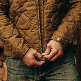 fit model wearing The Vertical Jacket in British Khaki Dry Wax, zipper, Outerwear by Taylor Stitch