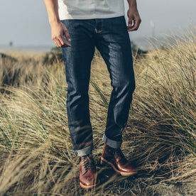 Our fit model wearing The Slim Jean in Organic '68 Selvage., Denim by Taylor Stitch