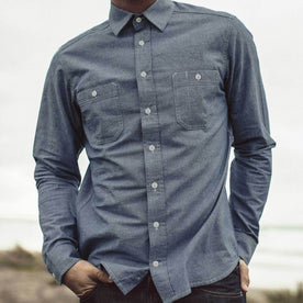 Our fit model wearing the The California in Blue Everyday Chambray, Wovens by Taylor Stitch