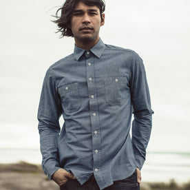 Our fit model wearing the The California in Blue Everyday Chambray, Wovens by Taylor Stitch