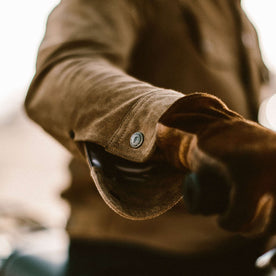 Detail shot of the long haul in suede, Outerwear by Taylor Stitch