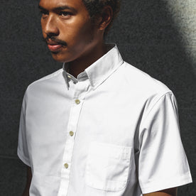 Our fit model in a classic white button down , Wovens by Taylor Stitch