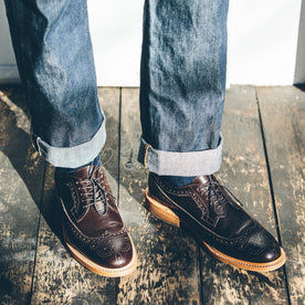 The fit model dressing down the brogue shoe, Footwear by Taylor Stitch