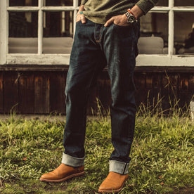 Our fit model wearing The Democratic Jean in Organic Stretch Selvage., Denim by Taylor Stitch