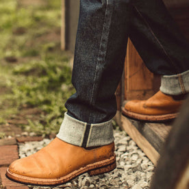 Our fit model wearing The Democratic Jean in Organic Stretch Selvage., Denim by Taylor Stitch