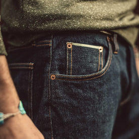 Material shot.Our fit model wearing The Democratic Jean in Organic Stretch Selvage., Denim by Taylor Stitch