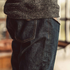 Our fit model wearing The Slim Jean in Organic Stretch Selvage., Denim by Taylor Stitch