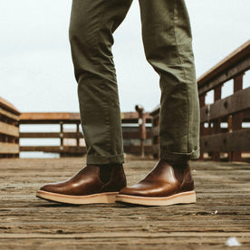 Our fit model wearing the Ranch Low in Whiskey., Footwear by Taylor Stitch