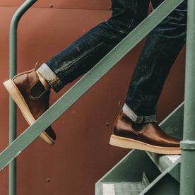 Our fit model wearing the Ranch Low in Whiskey., Footwear by Taylor Stitch