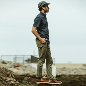 Our fit model wearing the Ranch Low in Whiskey., Footwear by Taylor Stitch