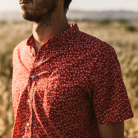 Our fit model in a field, Wovens by Taylor Stitch