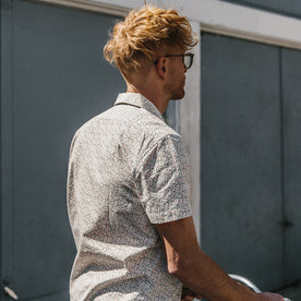 Our fit model wearing The Short Sleeve Hawthorne in California Poppy., Wovens by Taylor Stitch