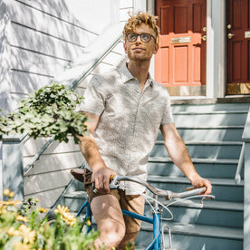 Our fit model wearing The Short Sleeve Hawthorne in California Poppy., Wovens by Taylor Stitch