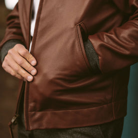 The pocket of the Golden Bear jacket worn by our fit model, Outerwear by Taylor Stitch