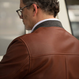 The fit model showing the back of the Presidio jacket, Outerwear by Taylor Stitch