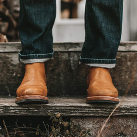 The fit model wearing the ranch boot, Footwear by Taylor Stitch