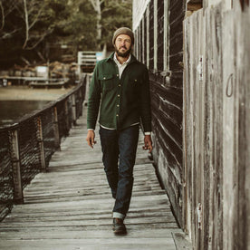 Our fit model on the Docks in his Era denim, Denim by Taylor Stitch