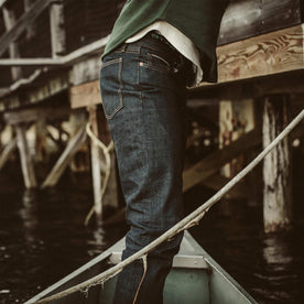 The fit model about to go out on the water in his denim, Denim by Taylor Stitch