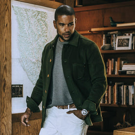 Our fit model wearing The Ojai Jacket in Olive Wool, Outerwear by Taylor Stitch