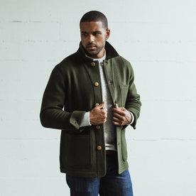 Our fit model wearing The Ojai Jacket in Olive Wool, Outerwear by Taylor Stitch