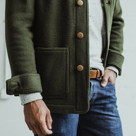 Our fit model wearing The Ojai Jacket in Olive Wool, Outerwear by Taylor Stitch