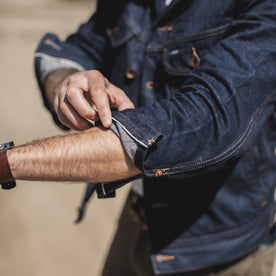 Our fit model hanging out in San Francisco rolling his cuff, Outerwear by Taylor Stitch