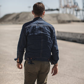 Jackson hanging out in San Francisco showing the back of the jean jacket, Outerwear by Taylor Stitch