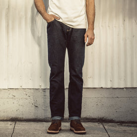 Our fit model wearing The Democratic Jean in Linen Denim., Denim by Taylor Stitch