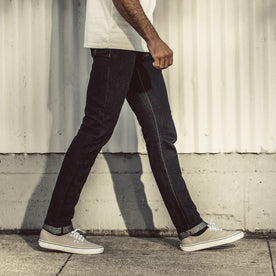 Our fit model wearing The Slim Jean in Sol Selvage Denim., Denim by Taylor Stitch