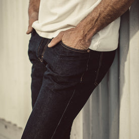 Our fit model wearing The Slim Jean in Sol Selvage Denim., Denim by Taylor Stitch