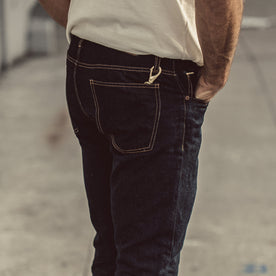 Our fit model wearing The Slim Jean in Sol Selvage Denim., Denim by Taylor Stitch