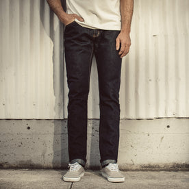 Our fit model wearing The Slim Jean in Sol Selvage Denim., Denim by Taylor Stitch