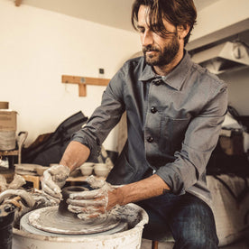 fit model making pottery in The Ojai Jacket in Washed Charcoal, Outerwear by Taylor Stitch