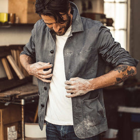 fit model putting on The Ojai Jacket in Washed Charcoal, Outerwear by Taylor Stitch