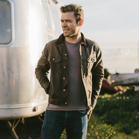 Fit model in his backyard , Outerwear by Taylor Stitch